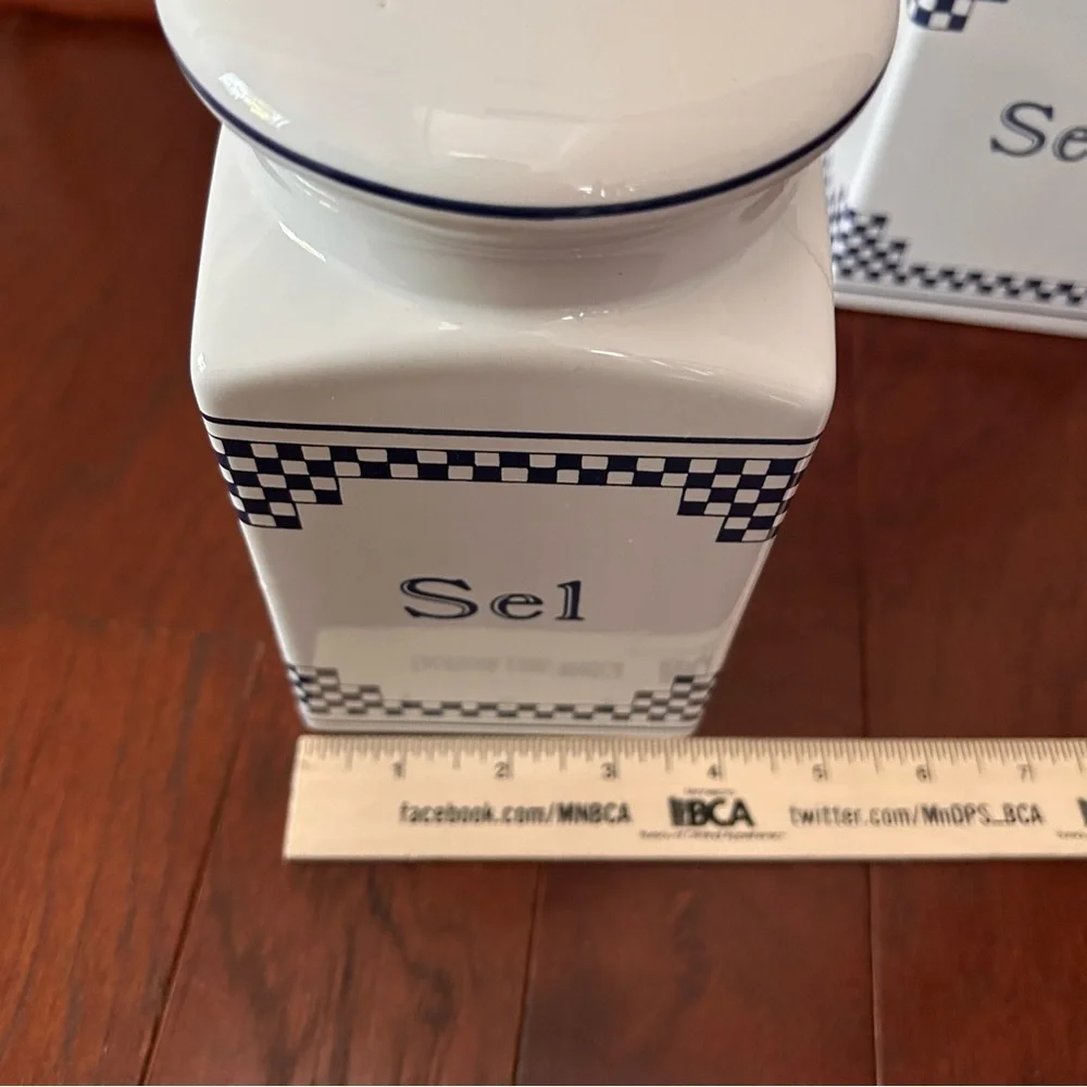 Vintage French Lustucru Style Sel (salt) Canisters Blue White Ceramic Set 2